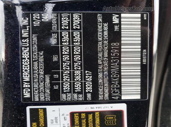 4JGFB4KB9MA315918 2021 MERCEDES-BENZ GLE Black Вид наклейки з VIN-кодом