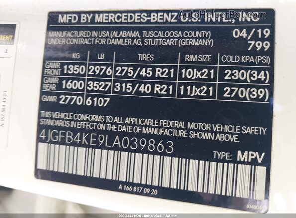 4JGFB4KE9LA039863 2020 MERCEDES-BENZ GLE 350 White Вид підкапотного простору