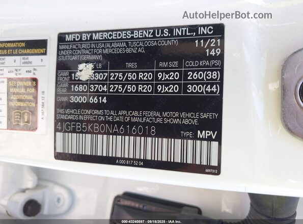 4JGFB5KB0NA616018 2022 MERCEDES-BENZ GLE 450 White Вид підкапотного простору