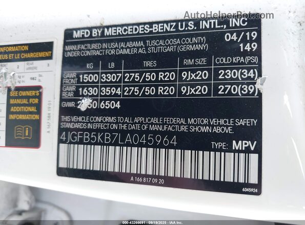 4JGFB5KB7LA045964 2020 MERCEDES-BENZ GLE White Engine compartment view
