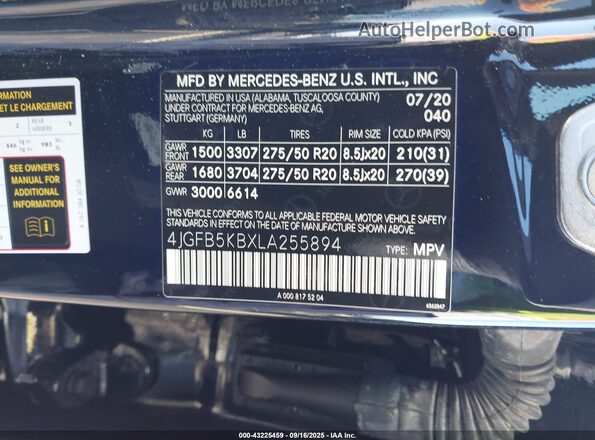 4JGFB5KBXLA255894 2020 MERCEDES-BENZ GLE Black Շարժիչի բաժամունքի տեսք