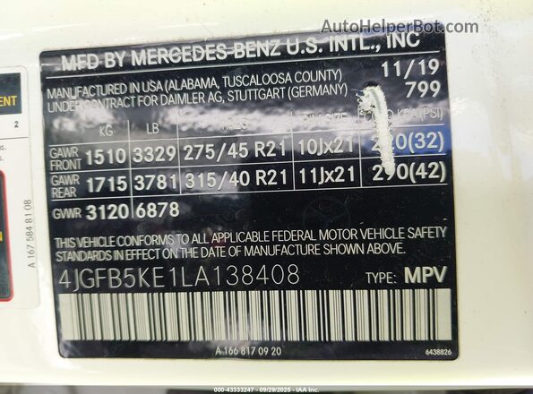 4JGFB5KE1LA138408 2020 MERCEDES-BENZ GLE 450 White 