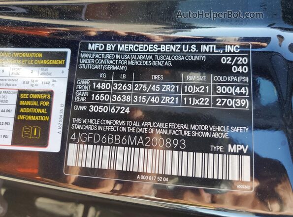 4JGFD6BB6MA200893 2021 MERCEDES-BENZ GLE Black Вид наклейки з VIN-кодом