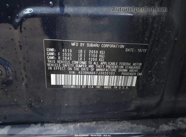 4S3BNAB67J3020103 2018 SUBARU LEGACY Blue 