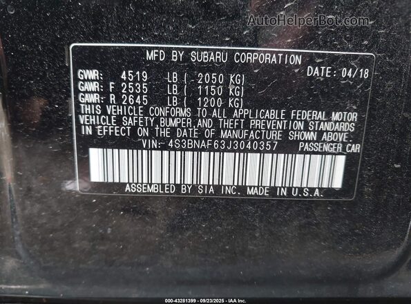 4S3BNAF63J3040357 2018 SUBARU LEGACY Black ძრავის განყოფილების ხედი