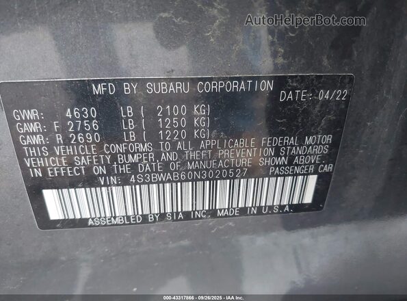 4S3BWAB60N3020527 2022 SUBARU LEGACY Gray Widok komory silnika