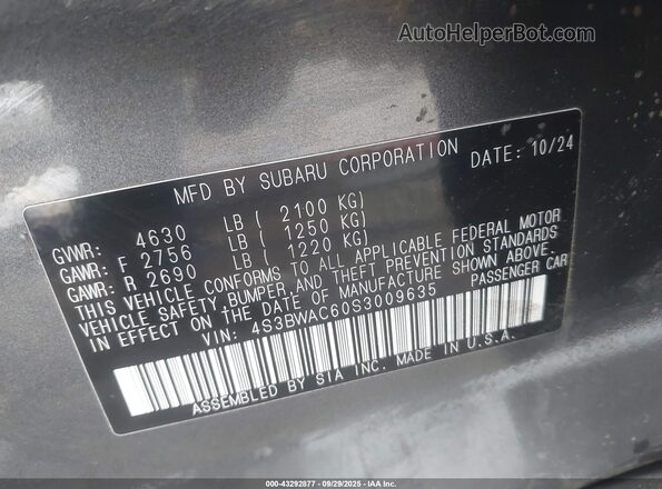 4S3BWAC60S3009635 2025 SUBARU LEGACY Gray Widok komory silnika