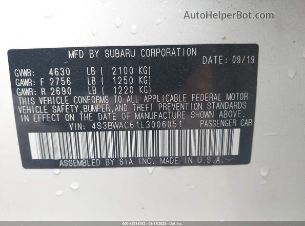 4S3BWAC61L3006051 2020 SUBARU LEGACY White Engine compartment view