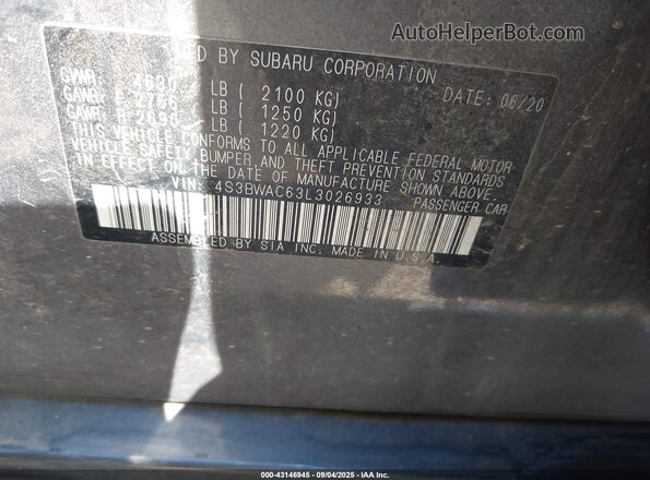 4S3BWAC63L3026933 2020 SUBARU LEGACY Gray Вид підкапотного простору
