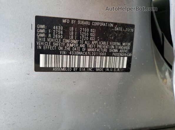 4S3BWAC67L3011660 2020 SUBARU LEGACY Silver Вид підкапотного простору