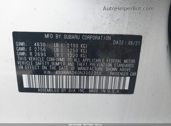 4S3BWAD60N3002350 2022 SUBARU LEGACY White 
