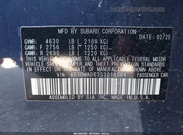 4S3BWAD63S3018084 2025 SUBARU LEGACY Blue Widok komory silnika