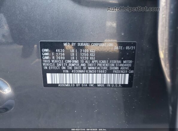 4S3BWAF63M3019882 2021 SUBARU LEGACY Gray ძრავის განყოფილების ხედი
