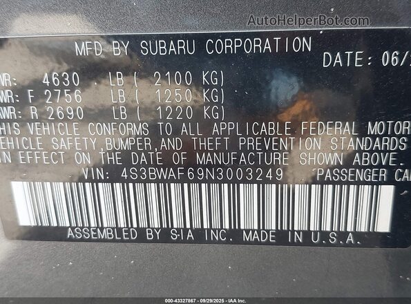 4S3BWAF69N3003249 2022 SUBARU LEGACY Gray Vista del compartimento del motor