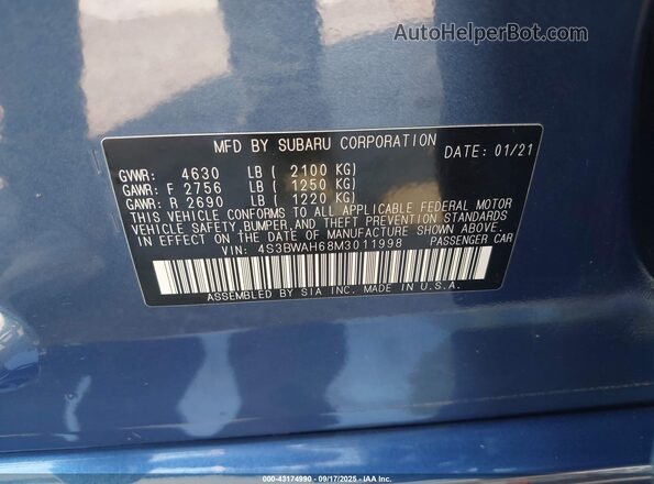 4S3BWAH68M3011998 2021 SUBARU LEGACY Синий Вид подкапотного пространства
