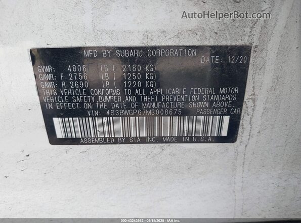 4S3BWGP67M3008675 2021 SUBARU LEGACY White 