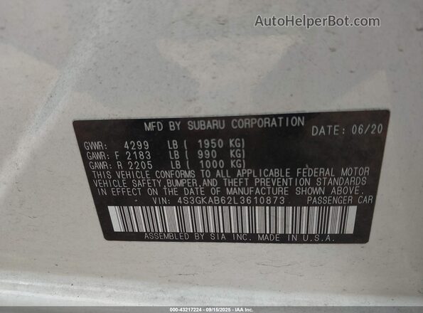 4S3GKAB62L3610873 2020 SUBARU IMPREZA White ძრავის განყოფილების ხედი
