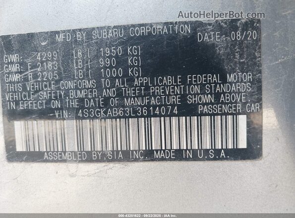 4S3GKAB63L3614074 2020 SUBARU IMPREZA Silver ძრავის განყოფილების ხედი