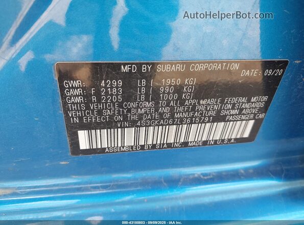 4S3GKAD67L3615791 2020 SUBARU IMPREZA Blue 
