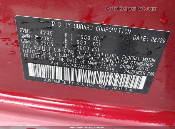 4S3GKAM62L3611518 2020 SUBARU IMPREZA Red Вид підкапотного простору