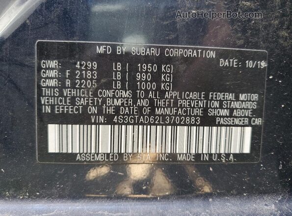 4S3GTAD62L3702883 2020 SUBARU IMPREZA Blue უკანა სავარძლების ხედი