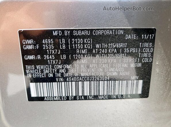 4S4BSACC0J3263504 2018 SUBARU OUTBACK Серебряный 