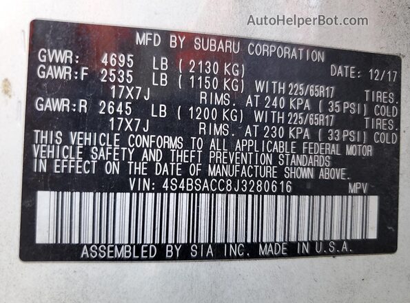 4S4BSACC8J3280616 2018 SUBARU OUTBACK White 