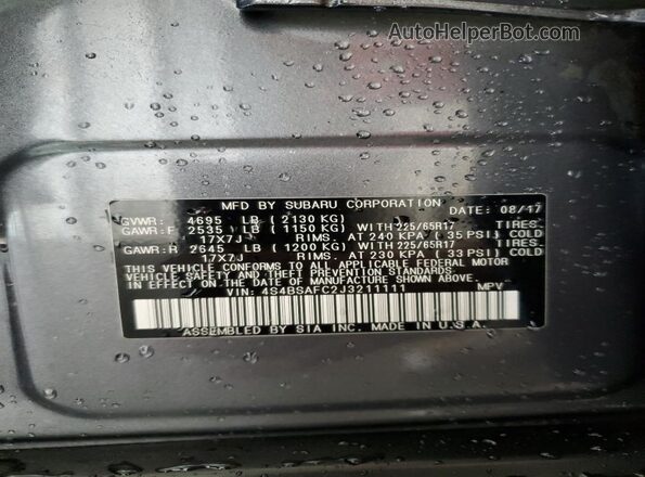 4S4BSAFC2J3211111 2018 SUBARU OUTBACK Charcoal 