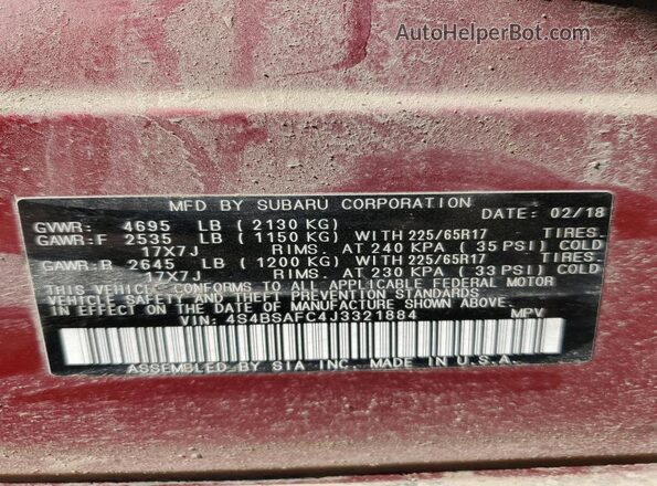 4S4BSAFC4J3321884 2018 SUBARU OUTBACK Maroon 