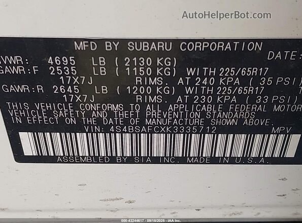 4S4BSAFCXK3335712 2019 SUBARU OUTBACK White Շարժիչի բաժամունքի տեսք