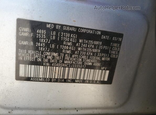 4S4BSANC3J3335017 2018 SUBARU OUTBACK Серебряный 