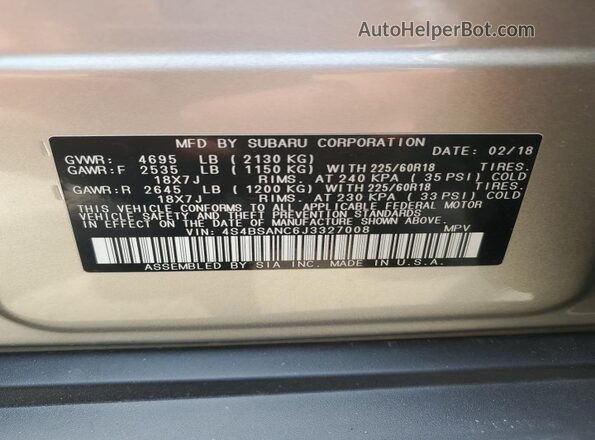 4S4BSANC6J3327008 2018 SUBARU OUTBACK Beige 