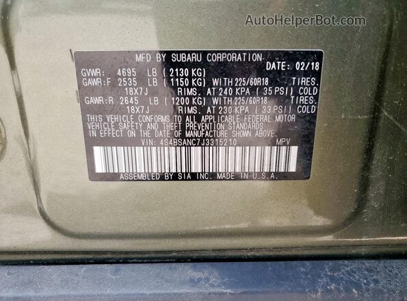 4S4BSANC7J3315210 2018 SUBARU OUTBACK Green 