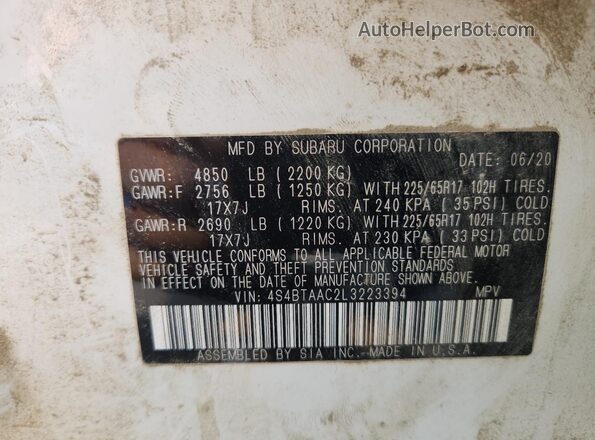4S4BTAAC2L3223394 2020 SUBARU OUTBACK White VIN sticker view