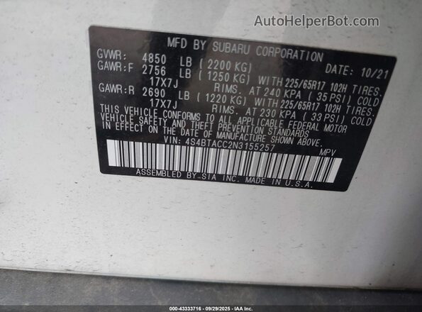 4S4BTACC2N3155257 2022 SUBARU OUTBACK White Widok komory silnika