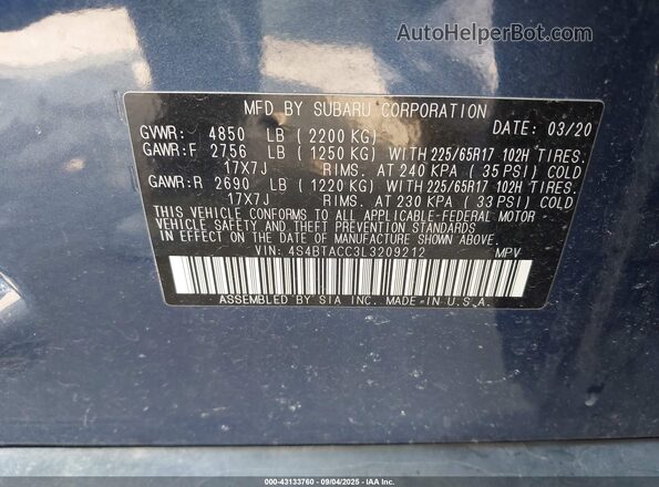 4S4BTACC3L3209212 2020 SUBARU OUTBACK Blue ძრავის განყოფილების ხედი
