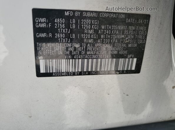 4S4BTACC3M3207347 2021 SUBARU OUTBACK White 