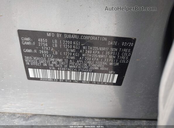 4S4BTACC4L3194932 2020 SUBARU OUTBACK Silver Widok komory silnika