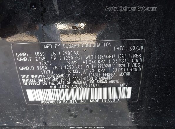 4S4BTACC5L3211575 2020 SUBARU OUTBACK Black Vista del compartimento del motor
