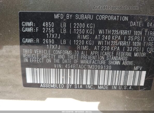 4S4BTADC1M3209130 2021 SUBARU OUTBACK Green ძრავის განყოფილების ხედი