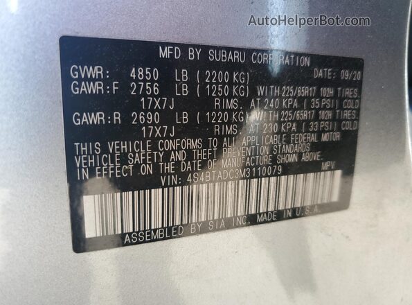 4S4BTADC3M3110079 2021 SUBARU OUTBACK Silver VIN კოდის სტიკერის ხედი