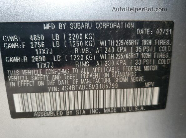 4S4BTADC5M3185799 2021 SUBARU OUTBACK Silver VIN კოდის სტიკერის ხედი