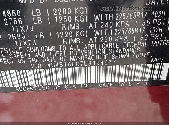 4S4BTAEC7L3194677 2020 SUBARU OUTBACK Burgundy Widok komory silnika