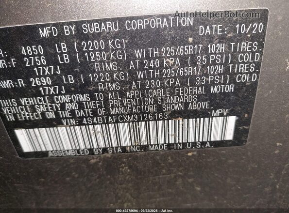 4S4BTAFCXM3126163 2021 SUBARU OUTBACK Beige ძრავის განყოფილების ხედი