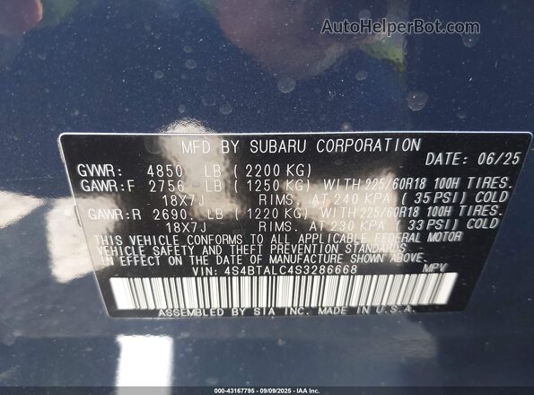 4S4BTALC4S3286668 2025 SUBARU OUTBACK Blue Вид підкапотного простору