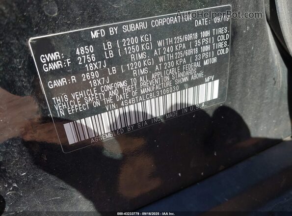 4S4BTALC8L3106030 2020 SUBARU OUTBACK Black Widok komory silnika