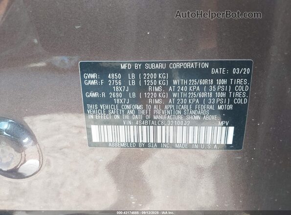 4S4BTALC8L3210002 2020 SUBARU OUTBACK Коричневый Вид подкапотного пространства