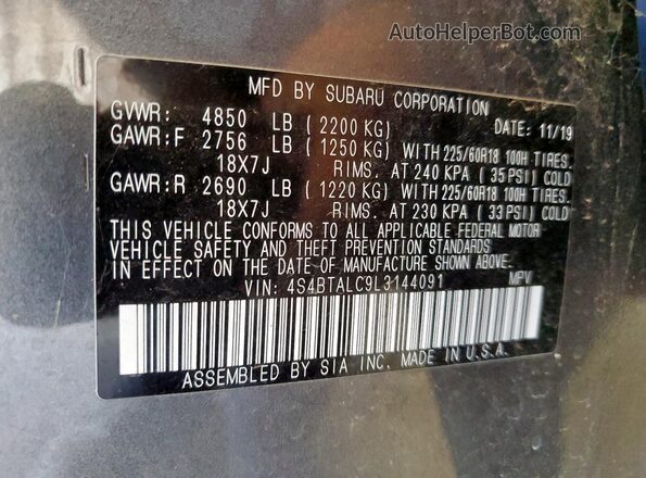 4S4BTALC9L3144091 2020 SUBARU OUTBACK Gray Вид наклейки з VIN-кодом