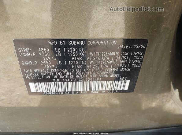 4S4BTALCXL3204461 2020 SUBARU OUTBACK Green Engine compartment view