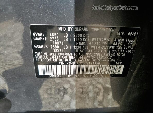 4S4BTAMC3M3191956 2021 SUBARU OUTBACK Серый Панорамный вид салона 360°